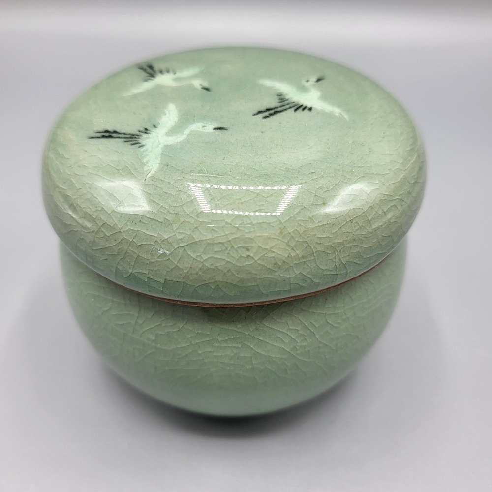 Vintage Celadon Tea Infuser Strainer Cup Set Crane Crackle Glaze Green Kitchen